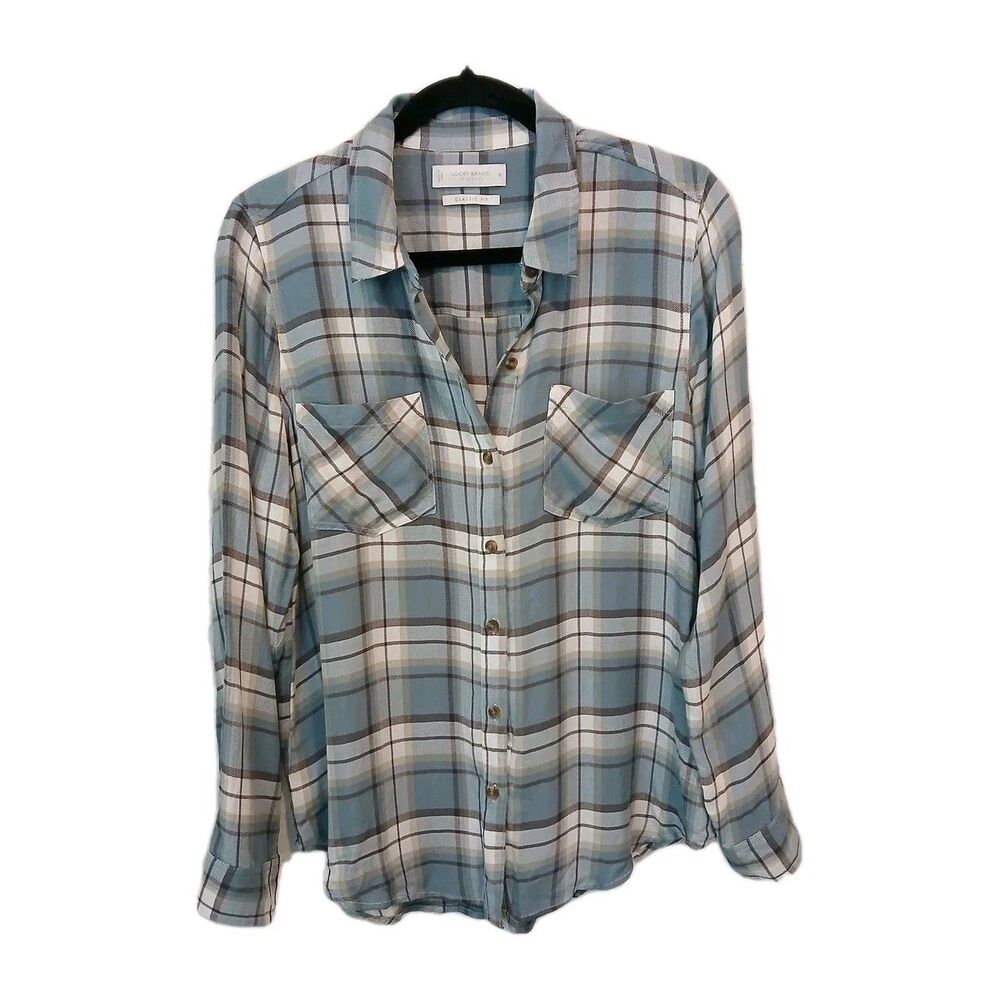 Lucky Brand Women's Shirt Large Plaid  Button Up Long Sleeve Boyfriend Light - Picture 2 of 11